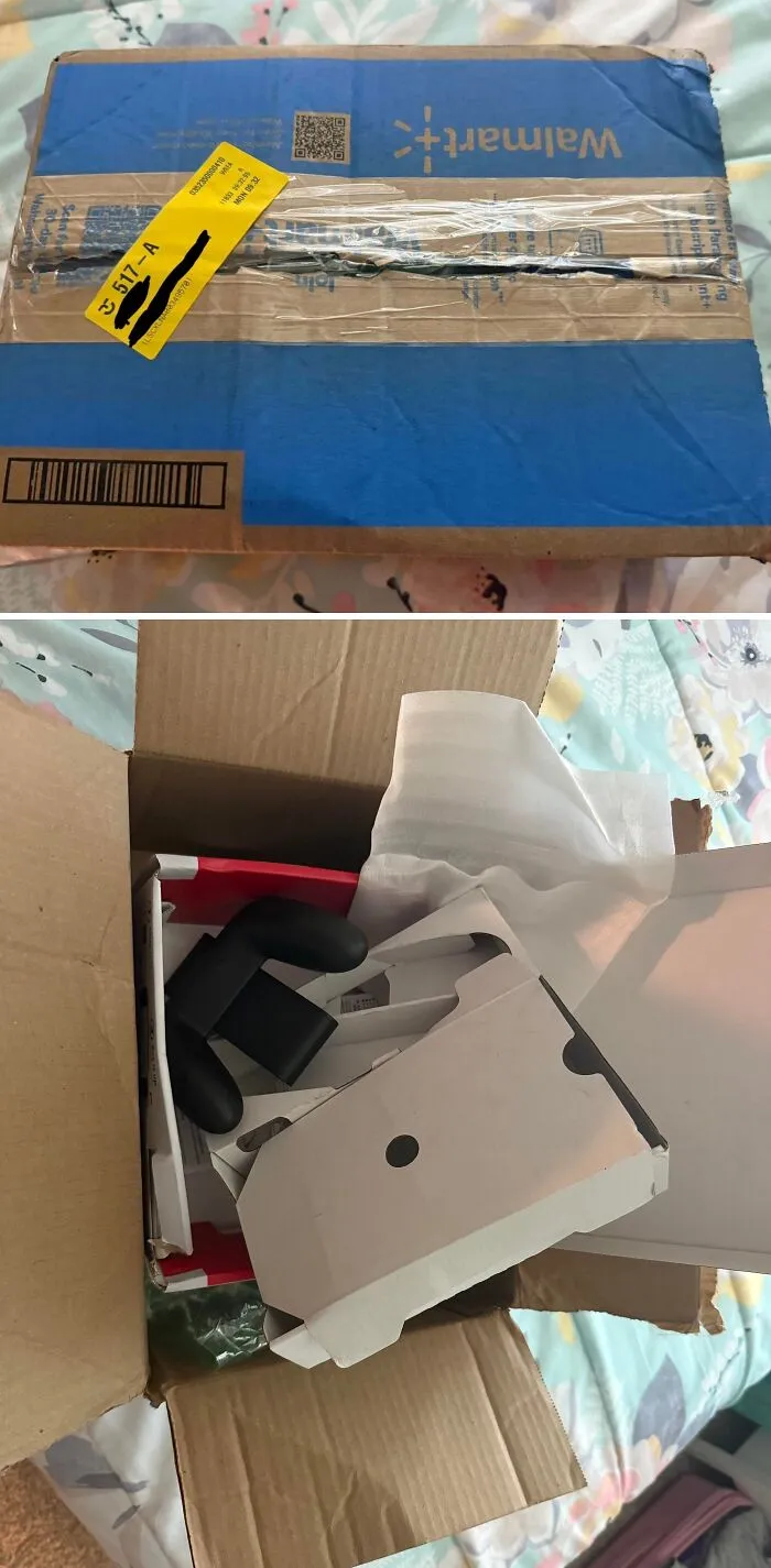 Damaged Walmart package with poorly packed items inside showing careless online shopping backfired moments