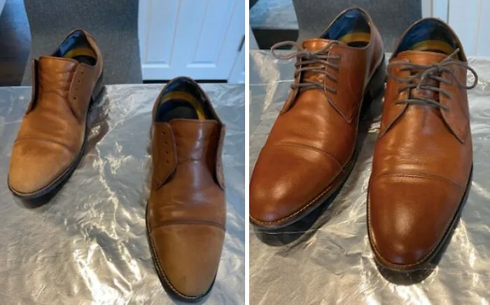Before and after restoration of leather shoes showing cleaning and polishing to original glory in landlord special series.