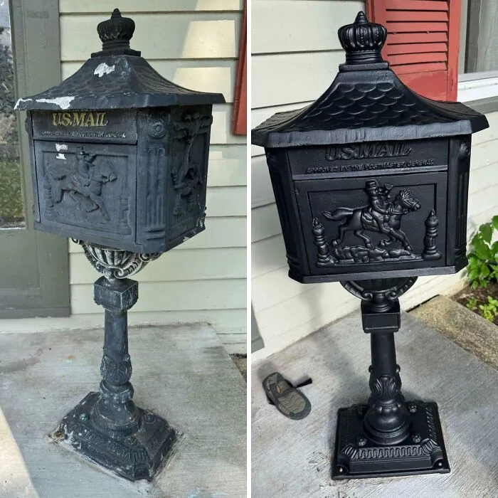 Before-and-after restoration of a vintage U.S. Mailbox showing detailed metalwork and refreshed black paint finish.