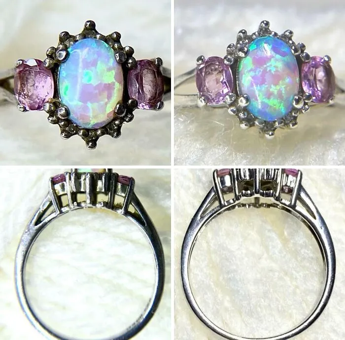 Opal and pink gemstone ring showing detailed before and after restoration to original glory in close-up views.
