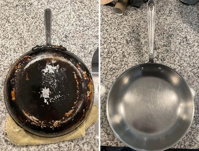Before-and-after image of a landlord special showing a rusted frying pan restored to its original condition.