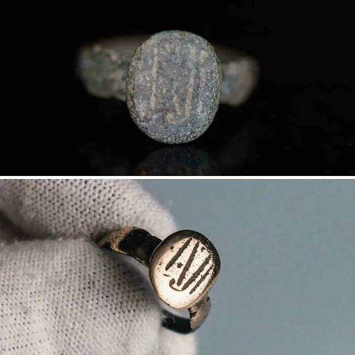 Before-and-after images of a restored antique ring showing its details before cleaning and after restoration.