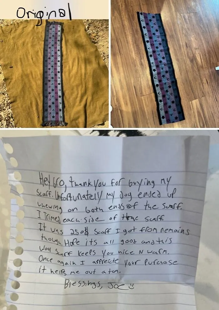 Scarf ordered online arrived damaged with a handwritten note explaining a dog chewed it, showcasing careless online shopping backfire.
