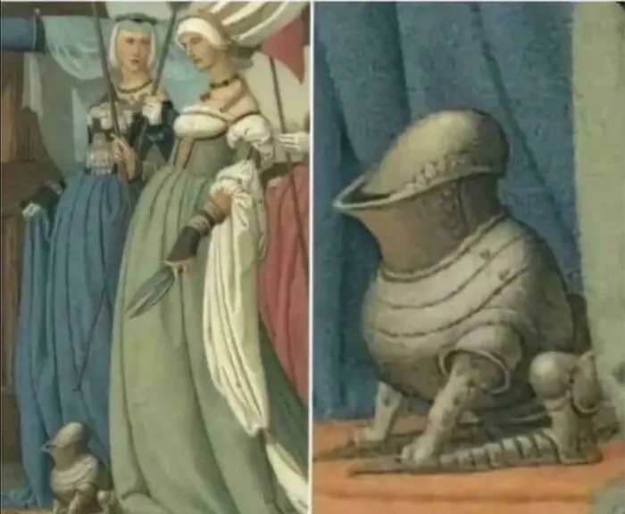 Medieval painting showing women and a humorous armored dog figure, highlighting funny pictures that go hard in art.