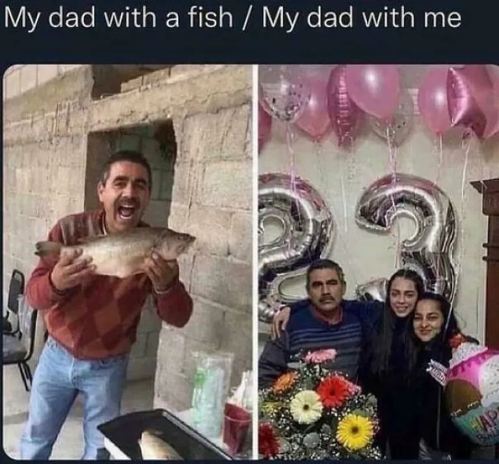 Man holding a fish and posing with family at birthday party with balloons, capturing people chuckling at pictures that go hard.