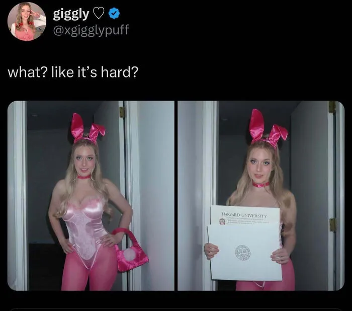 Woman wearing a pink bunny Halloween costume holding a Harvard diploma, showcasing one of the genius Halloween costumes.