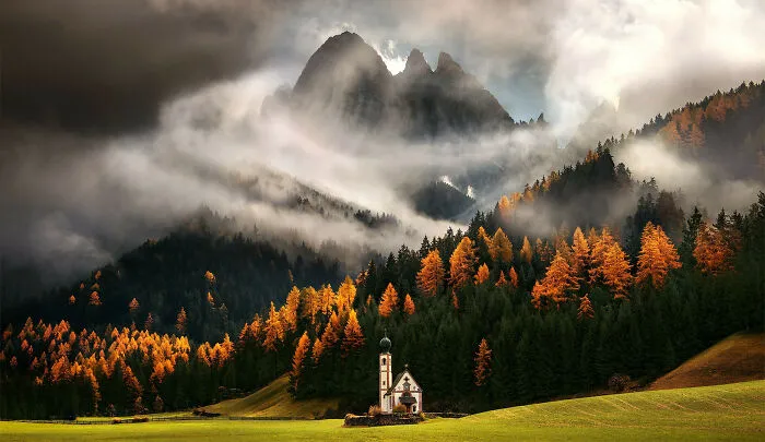 An Italian Church In The Middle Of Fall