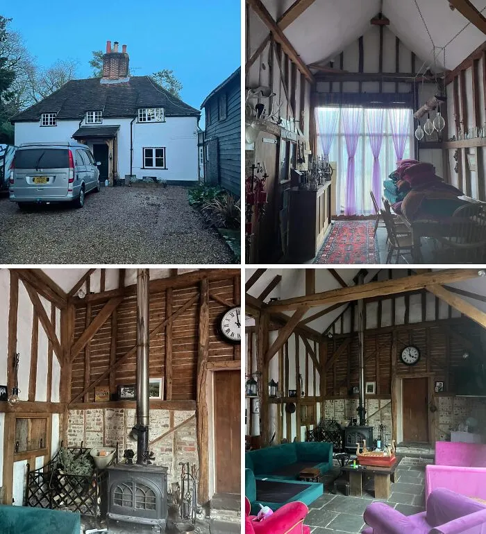 Exterior and interior views of a cozy cottage core home featuring rustic wooden beams and vintage décor elements.