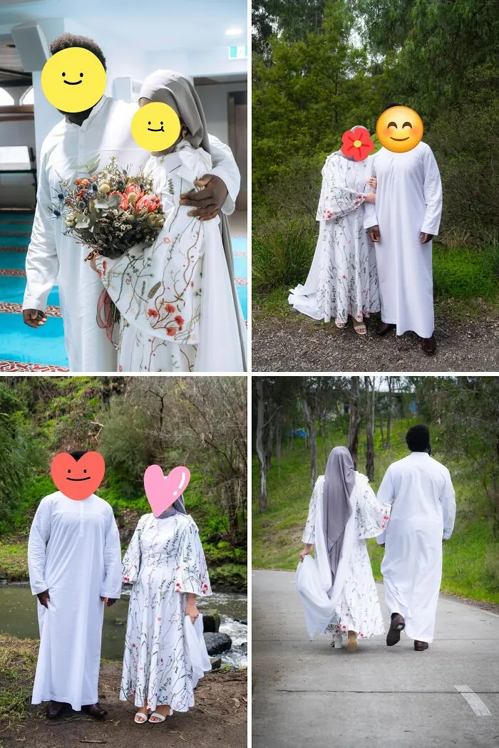 Couple dressed in floral cottage core aesthetics attire posing in nature and walking along a woodland path.
