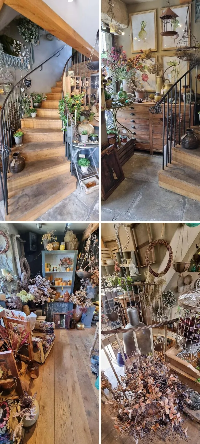 Cozy interior with rustic wooden stairs, vintage furniture, dried flowers, and cottage core aesthetics decor elements.