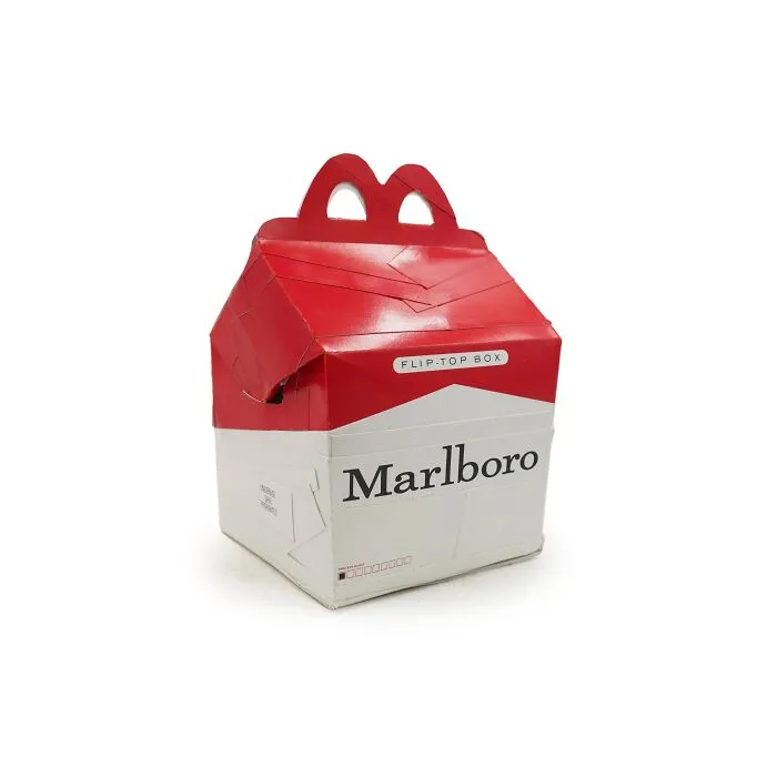 Artwork made from waste combines McDonald's packaging and Marlboro cigarette branding as witty commentary on modern life.