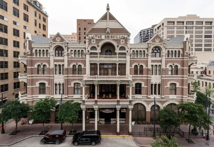 The Driskill Hotel, a historic and spooky destination in Austin, known for its haunting atmosphere and Halloween allure.