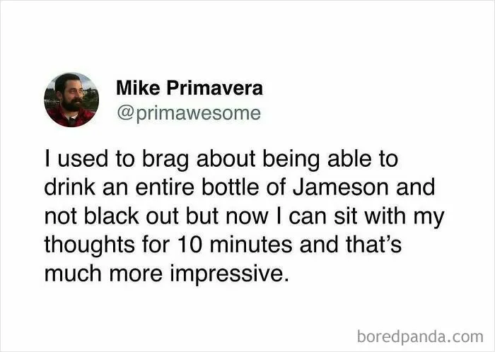 Tweet by Mike Primavera sharing a hilarious Prime Awesome moment about personal growth and impressive self-reflection.