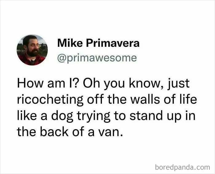 Tweet by Mike Primavera with a humorous take on life, featured in prime awesome funny tweets collection.