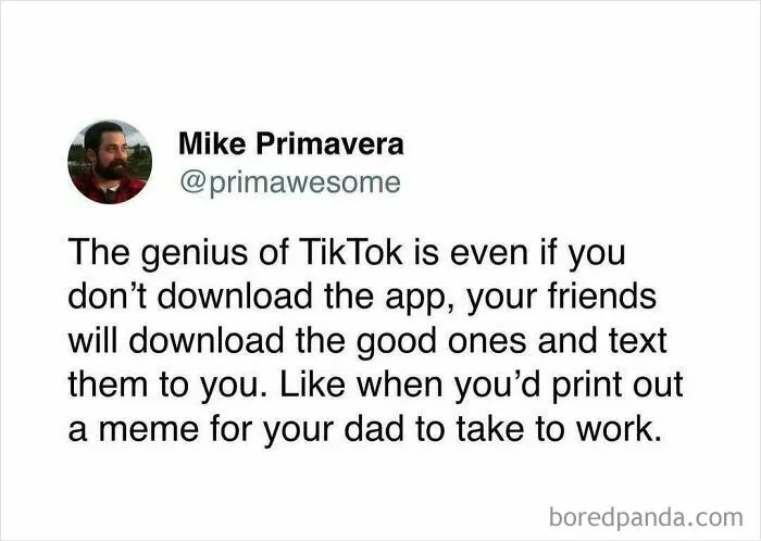 Tweet by Mike Primavera discussing TikTok memes being shared like printed memes, highlighting prime awesome humor in social media posts.