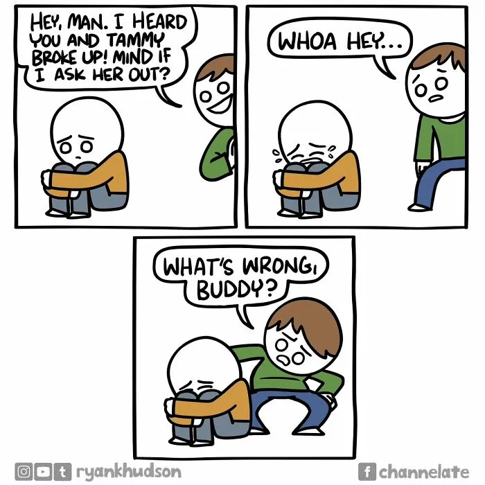 Comic panels showing a friend approaching a sad character, illustrating dark humor in funny comics with unexpected endings.