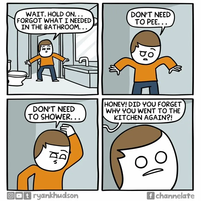 Comic showing a confused man forgetting why he went to the kitchen, featuring dark humor and unexpected endings style.