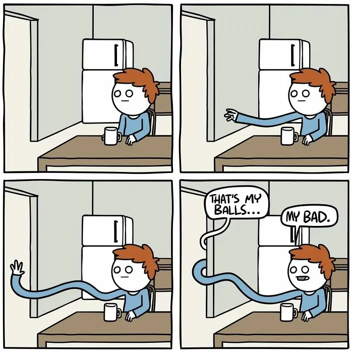 Comic panel from funny and dark comics showing a character with an extending arm apologizing for grabbing balls unexpectedly.