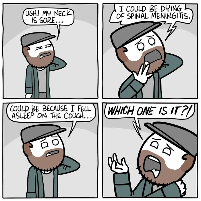 Comic strip by Ryan Hudson shows a bearded man with a cap debating if his sore neck is serious or from sleeping on the couch.
