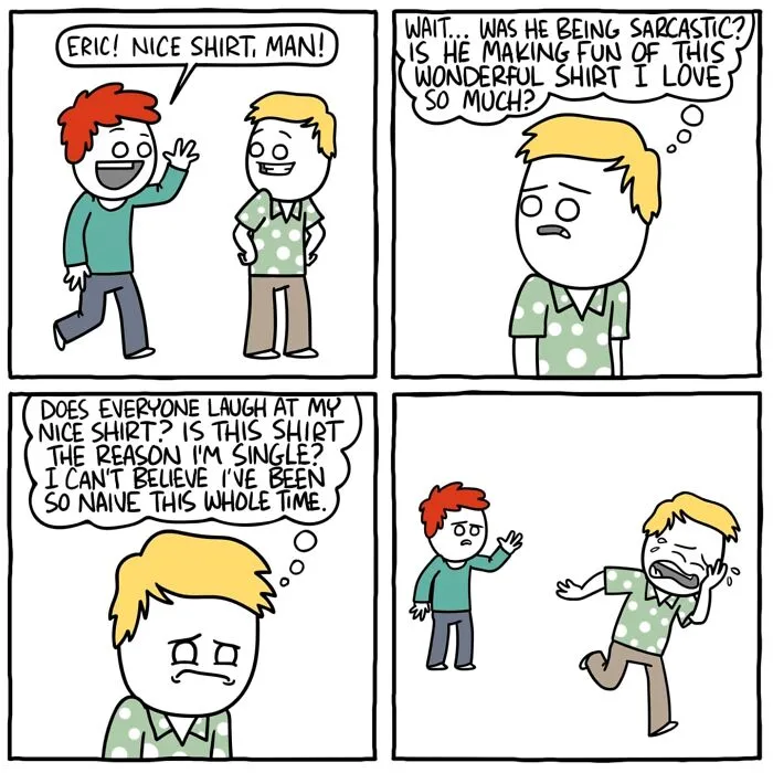 Comic strip showing a man doubting a compliment on his shirt, from funny and dark comics with unexpected endings.