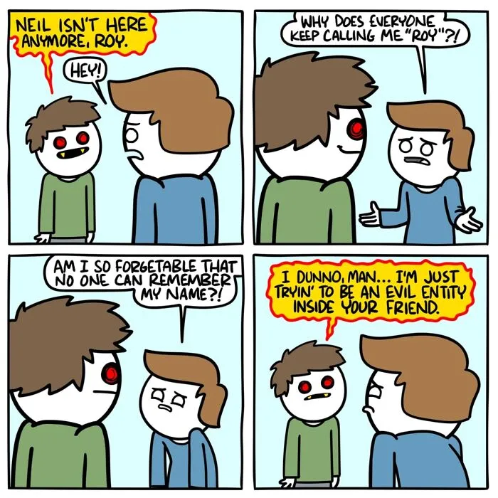 Comic strip by Ryan Hudson showing a dark, funny interaction with an unexpected ending between two characters.