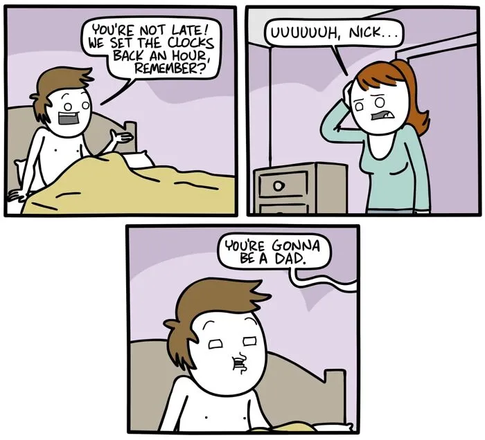 A funny and dark comic strip with an unexpected ending about a man being told he is going to be a dad.