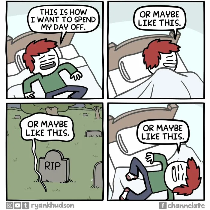 Comic panels showing a man spending his day off in bed or lying in a graveyard, featuring dark humor and unexpected endings.