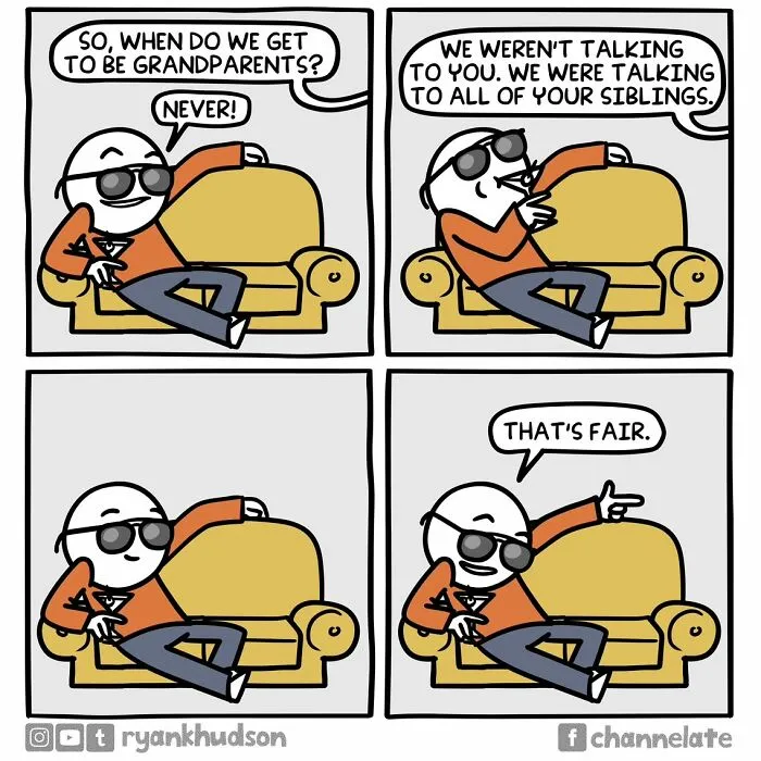 Comic strip depicting dark humor with a character refusing grandparenthood in a funny, unexpected ending style.