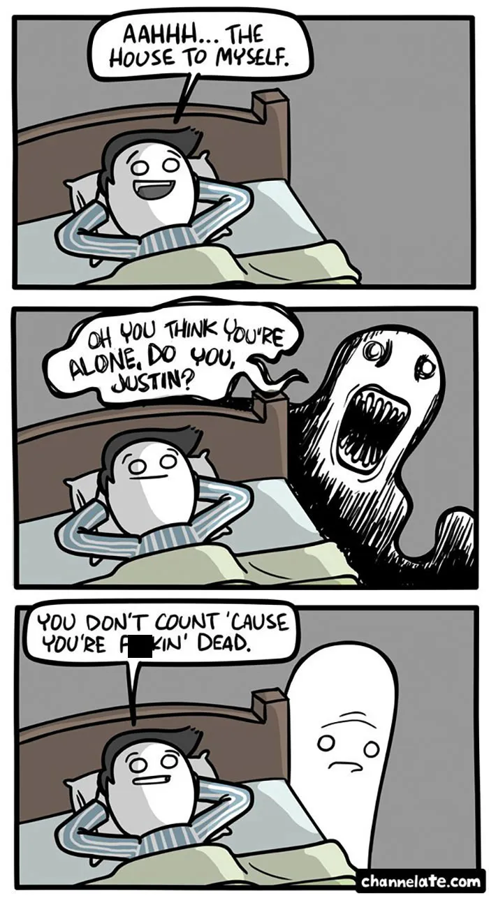 Funny and dark comic showing a man in bed confronted by a ghost with an unexpected ending.