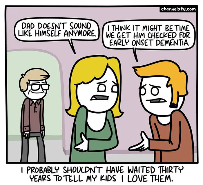 Dark comic panel showing worried adults discussing early onset dementia with an elderly man, featuring dark humor and unexpected endings.