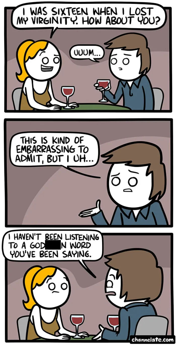 Two people awkwardly talking over wine in a funny and dark comic with an unexpected ending by Ryan Hudson.