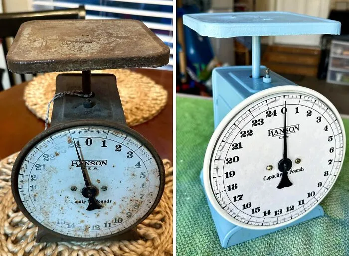 Before-and-after landlord special showing a vintage Hanson scale restored to its original condition and color.