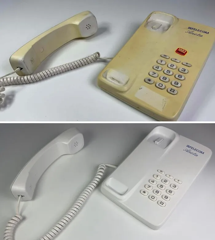 Before-and-after pics showing restoration of an old yellowed telecom phone to its original clean white condition.