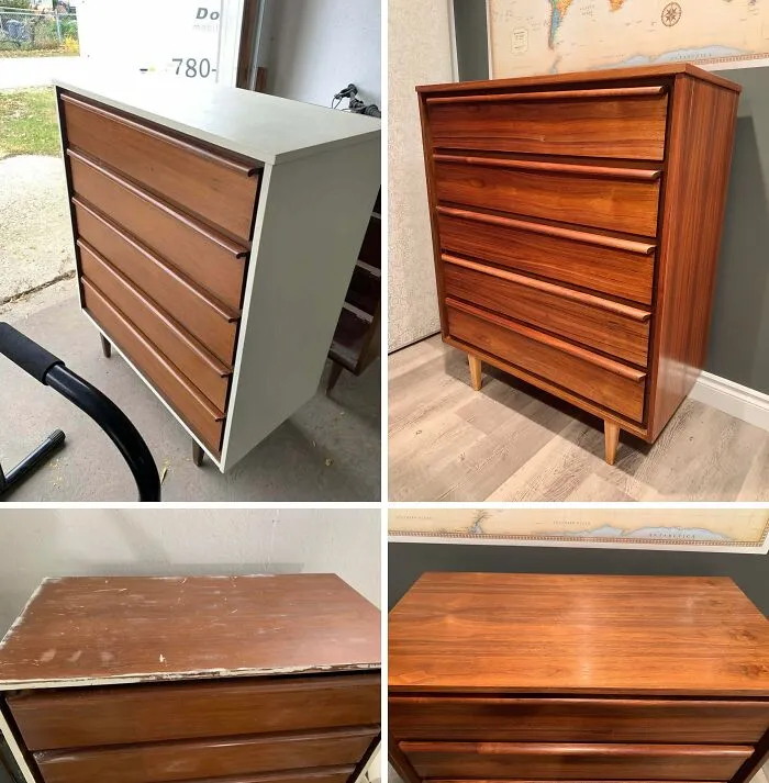 Before-and-after images of a wooden dresser being restored to its original condition showcasing landlord special restoration.