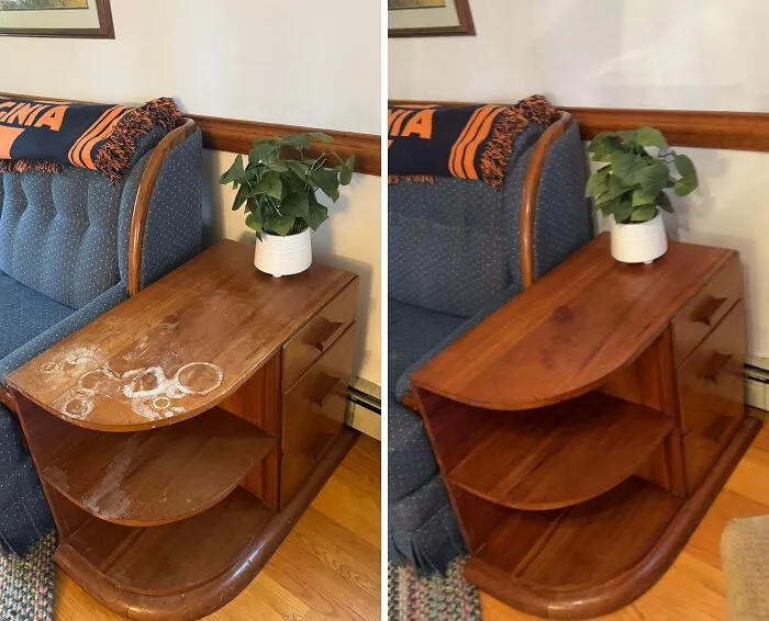 Before and after restoration of a wooden side table showing removal of water stains and refinished surface in a landlord special.