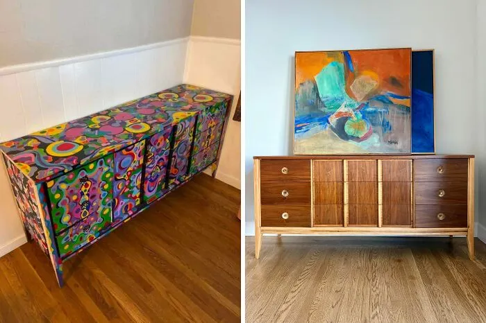 Before-and-after images showing a landlord special furniture piece restored to its original glory on hardwood floors.