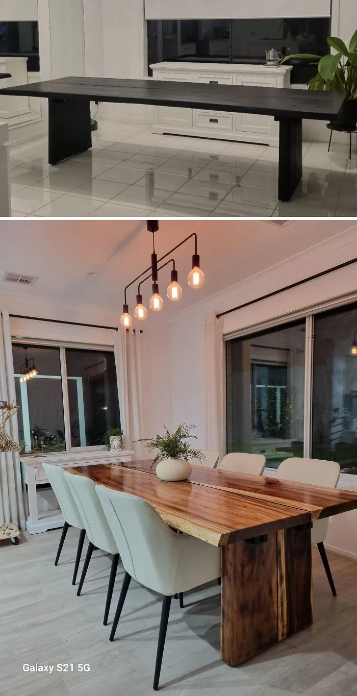 Before and after photos of a restored wooden dining table showcasing its original beauty and craftsmanship.