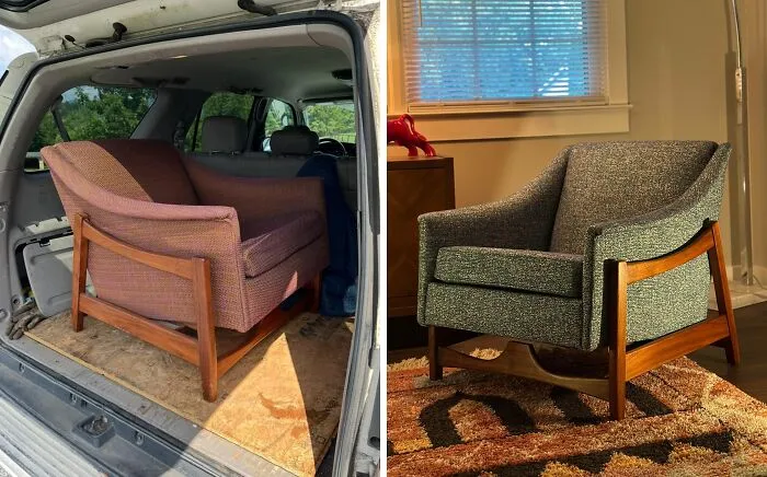 Before and after images of a restored vintage mid-century modern chair showing upholstery and wooden frame improvements.