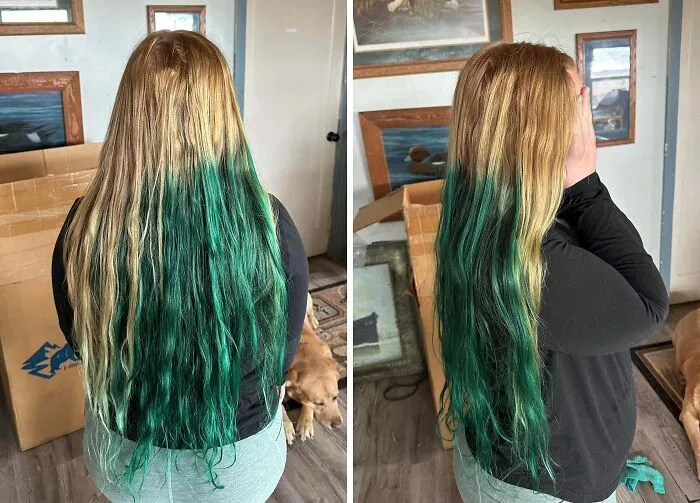 Una amiga le pidió a su esposo que le tiñera el cabello con tinte para telas Rit. No hace falta decir que quedó horrible.
