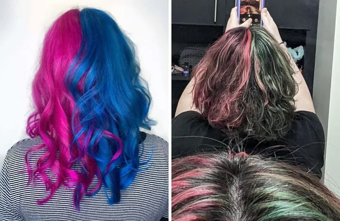 Persona con cabello teñido en colores brillantes y persona con accidente de coloración capilar visible desde atrás.