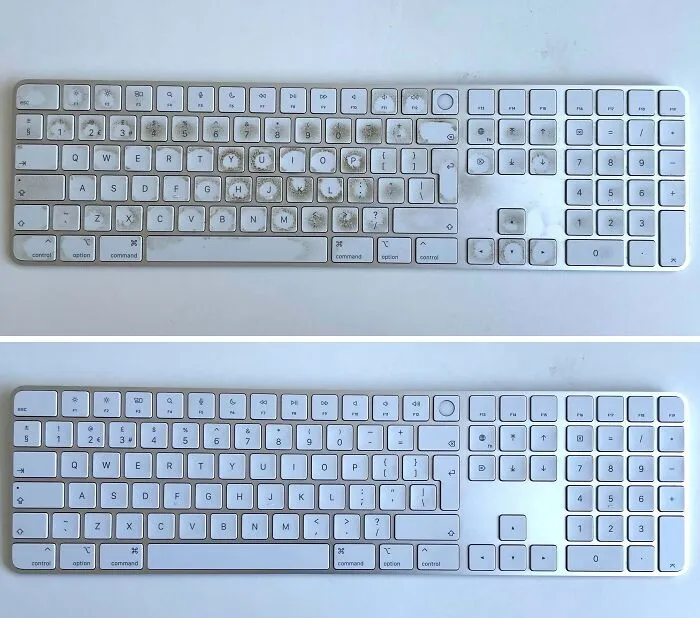 Some Before/After Dopamine For You. A Heavily Used Yet Neglected Keyboard In My Family Home Cleaned With Isopropyl Alcohol And A Clean Rag, So Simple And Quick Yet So Effective