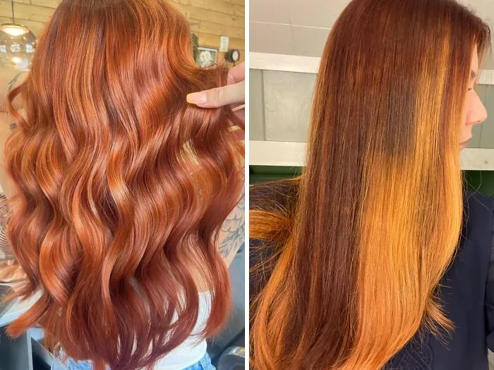 Cabello pelirrojo con ondas brillantes al lado izquierdo y un accidente de tinte que mezcla tonos naranjas y marrones al derecho.