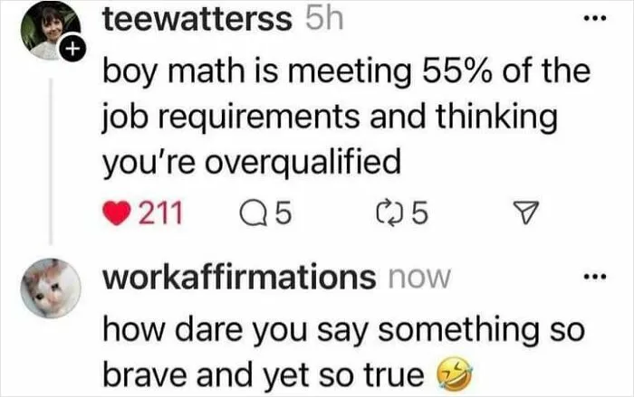 Social media post from Fight The Patriarchy page sharing a humorous and truthful meme about job qualifications and bravery.