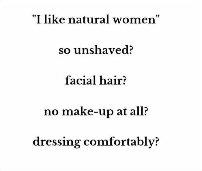 Text post questioning the meaning of natural women with humor, shared by Fight The Patriarchy page.