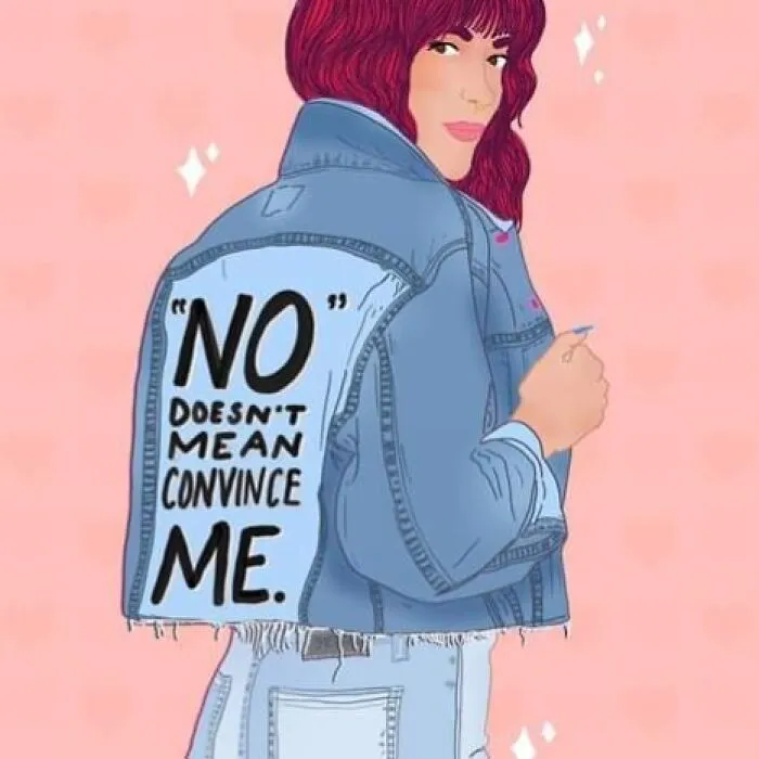 Illustration of a woman in a denim jacket with the feminist message about consent, related to fight the patriarchy.