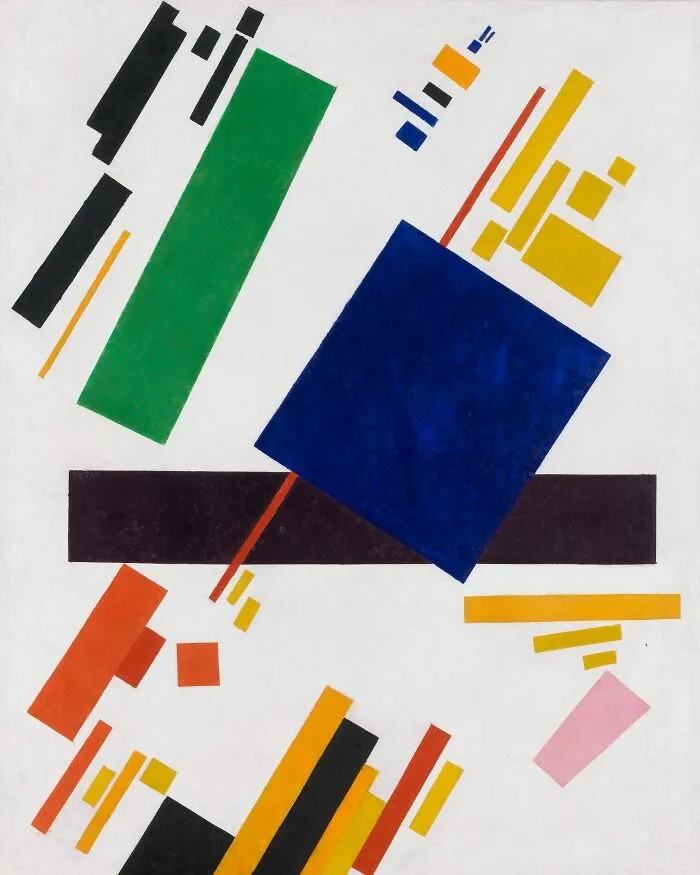 Abstract geometric painting with colorful squares and rectangles, representing famous paintings that changed art forever.