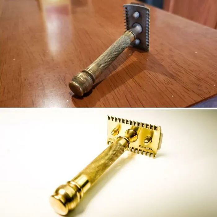 Been Using My Great Grandfather's Razor For A While Now. Decided To Clean And Polish It This Morning. Most Frugal Way To Shave. Blades Are Dirt Cheap! Before/After