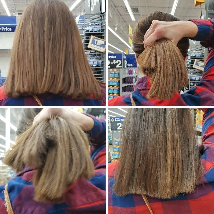 Diferentes ángulos de accidentes trágicos y divertidos de cabello corto y mal cortado en tienda.