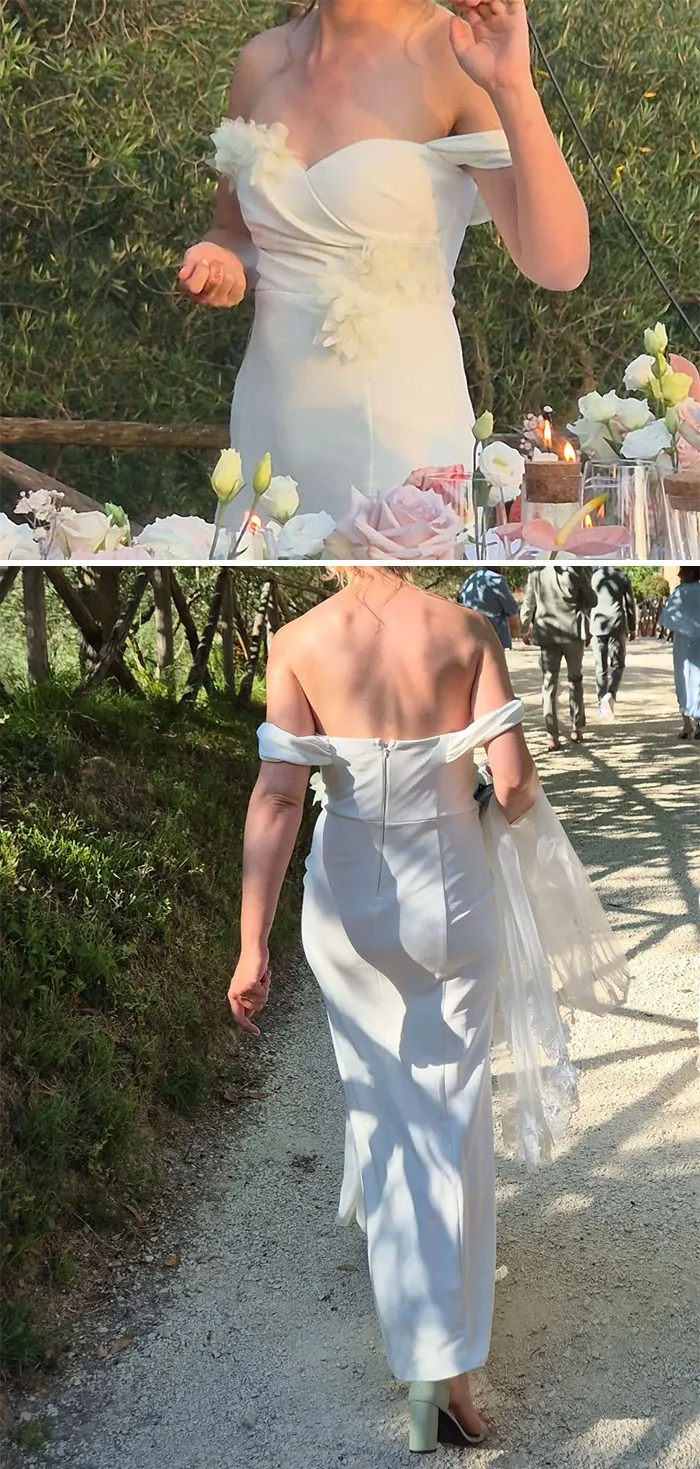 Mi cuñada con un vestido casi blanco en la boda