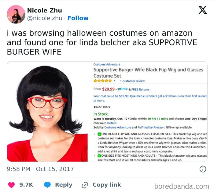 Person wearing a black wig and red glasses as an off-brand Halloween costume from a funny costume listing.